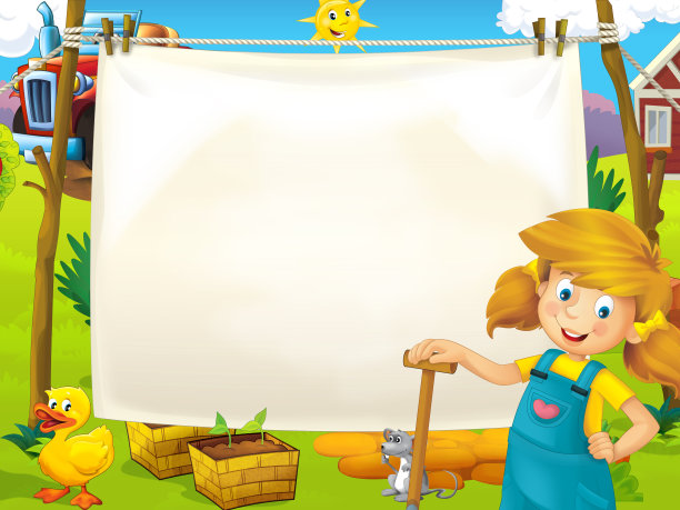 卡通农场场景，年轻的农民女孩附近的布衣烘干机为儿童文字插图的空间图片下载