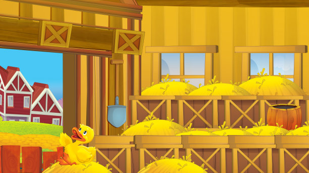 卡通场景与木制鸡笼母鸡和鸭子和鸡蛋图片下载