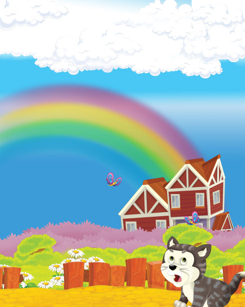 猫在农场玩耍的卡通场景-儿童插图图片下载