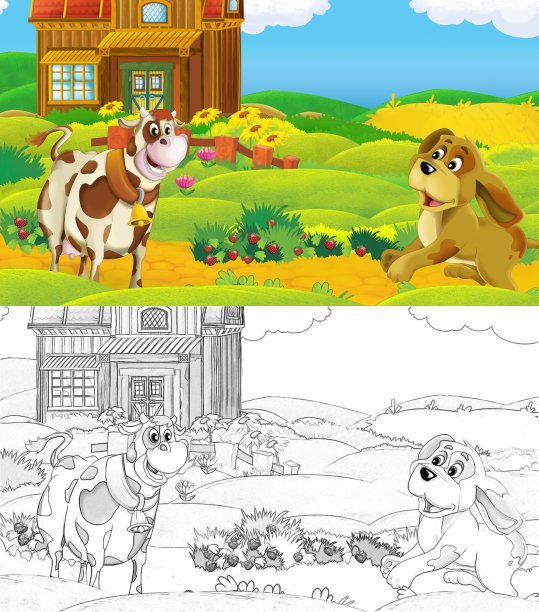 卡通场景与素描农场农场动物附近的木谷仓图片下载