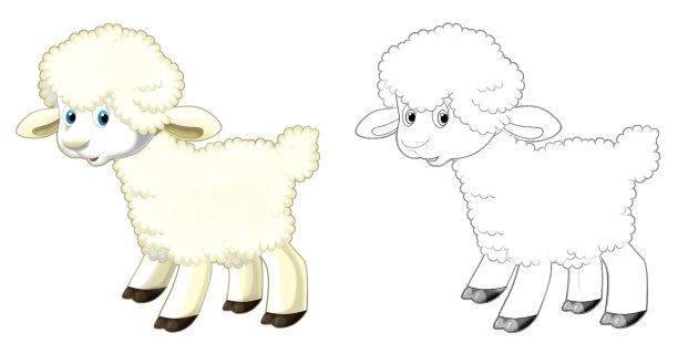 卡通快乐农场牧场动物欢快的羊与素描插图图片下载