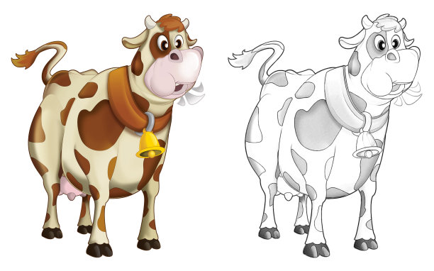 卡通快乐农场动物快乐农场牧场奶牛与素描插图图片下载