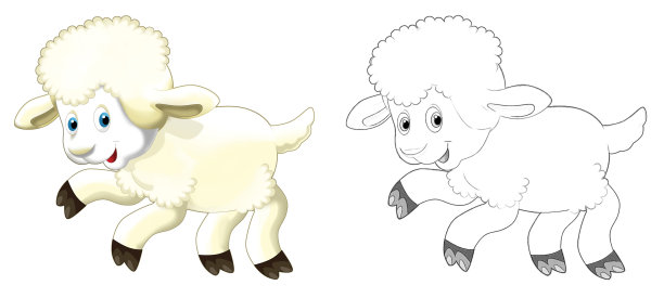 卡通快乐农场牧场动物欢快的羊与素描插图图片下载