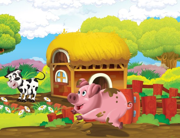 农场生活的卡通场景，牛和猪在谷仓附近-为孩子们的插图图片下载