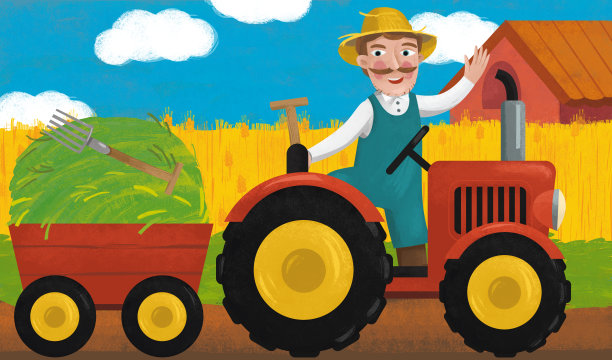 卡通场景与拖拉机在农场插图图片下载