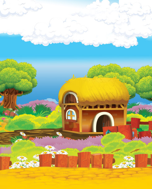 卡通场景与滑稽的农场房子在山上-为儿童插图图片下载