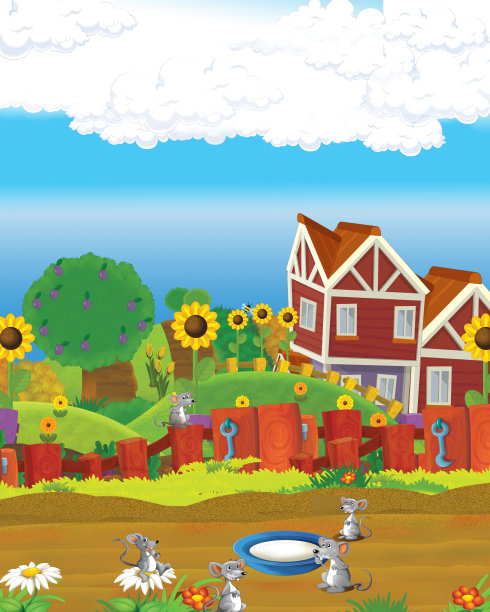 卡通场景与滑稽的农场房子在山上-为儿童插图图片下载