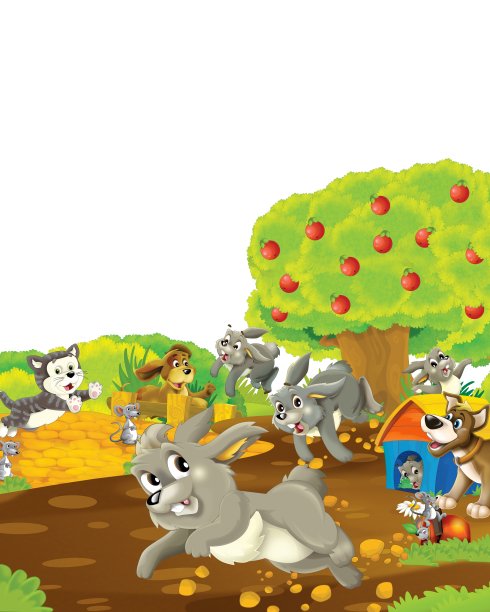 卡通场景与兔子在农场有乐趣的白色背景-插图的儿童图片下载
