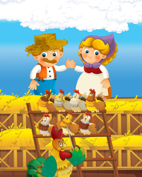 卡通场景与快乐的农民男人和女人在农场为孩子们的牧场插图图片下载