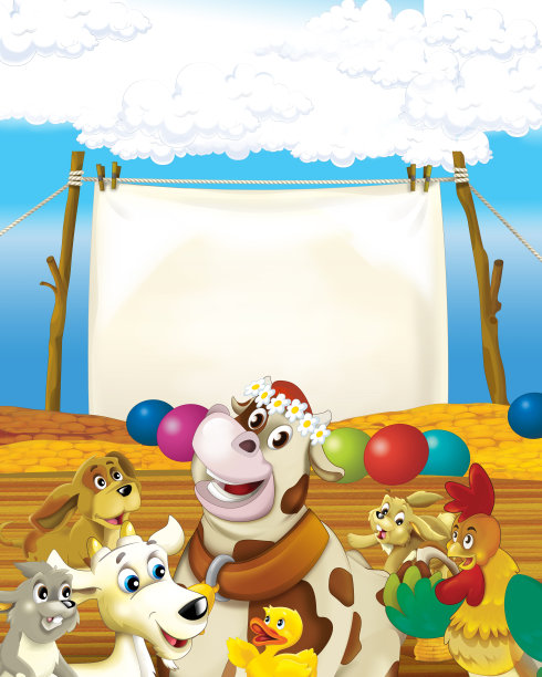 卡通场景，牛在农场玩在白色背景-插图的儿童图片下载