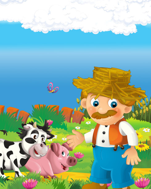 卡通场景与快乐的农民男子在农场为孩子们的牧场插图图片下载
