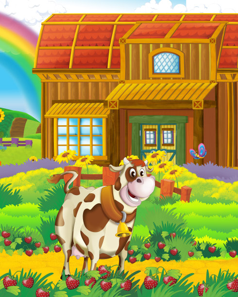 卡通场景，牛在农场玩在白色背景-插图的儿童图片下载