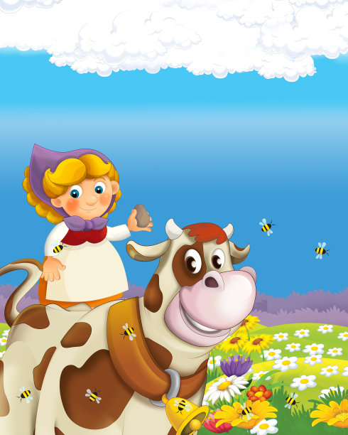 卡通场景与快乐的农妇在农场为孩子们的牧场插图图片下载