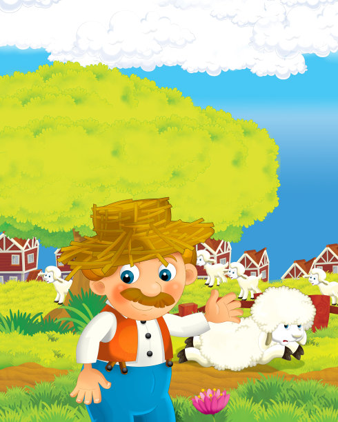 卡通场景与快乐的农民男子在农场为孩子们的牧场插图图片下载