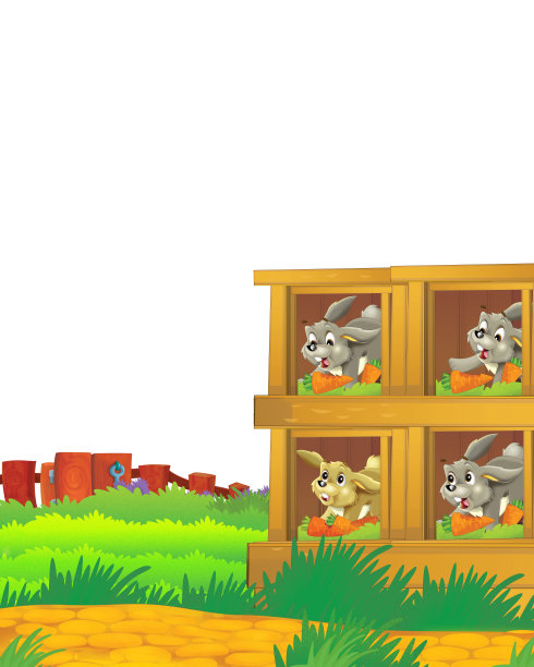 卡通场景与兔子在农场有乐趣的白色背景-插图的儿童图片下载