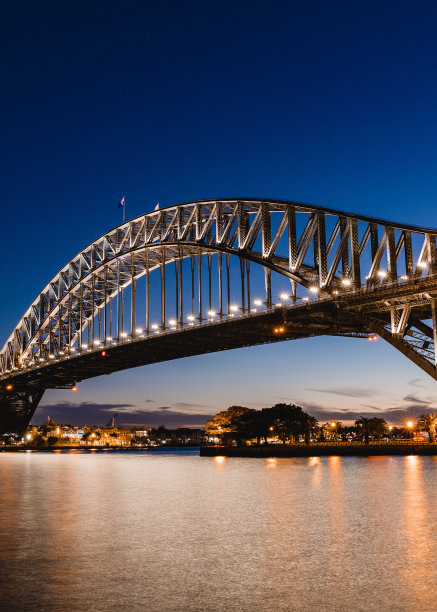 美丽的悉尼城市景观，在澳大利亚的夜晚，被灯光照亮的建筑物图片下载