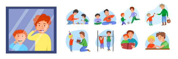 一套父子娱乐活动。祝你生日快乐，去森林里采蘑菇，单杠上做运动，刷牙。图片下载