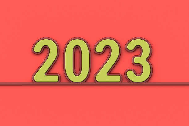 2023新年快乐红色塑料招牌。2023年数字用红底绿色书写，新年概念，3d渲染图片下载