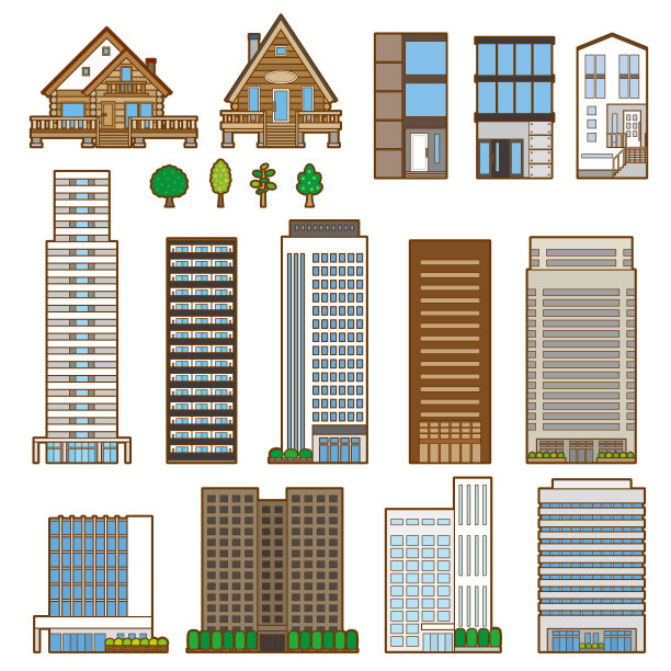 各种建筑物的矢量插图。建筑物的正面视图。图片下载