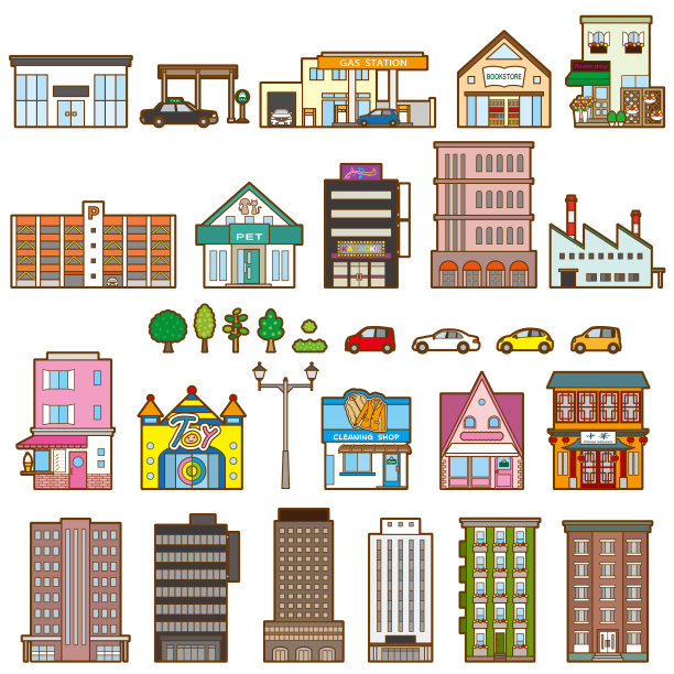 各种建筑物的矢量插图。建筑物的正面视图。图片下载