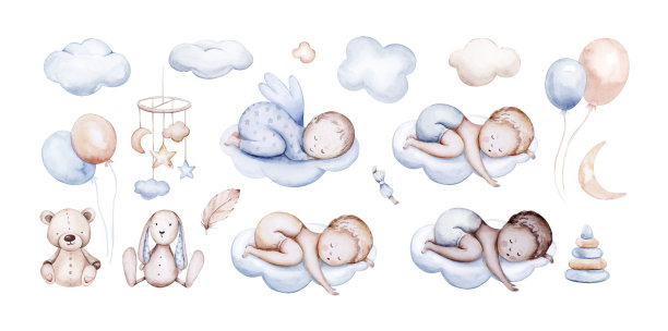 水彩新生儿宝宝淋浴贺卡与婴儿男孩。新生儿生日套装，孕妇生日请柬。图片下载