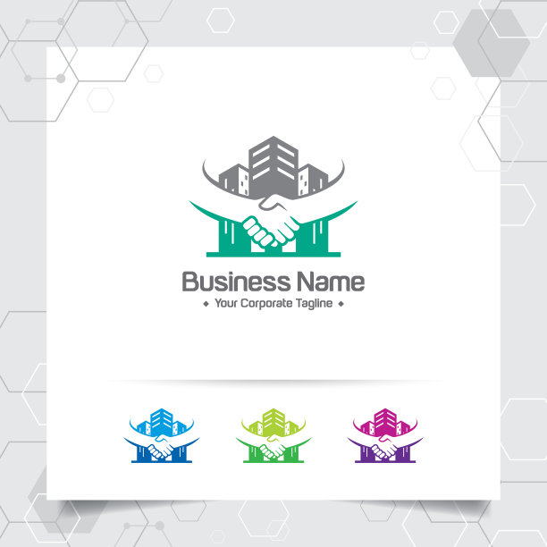 酒店标志设计矢量与交易和握手的概念。房地产和公寓标志向量的酒店，住宅，建筑和承包商。图片下载