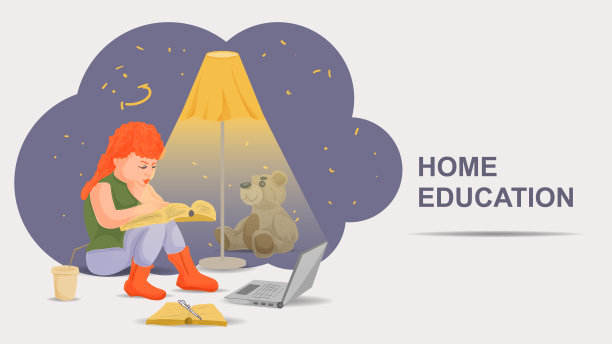 一个小女孩正坐在笔记本电脑旁，读着一本书，上面是涂鸦风格的平面彩色插图图片下载