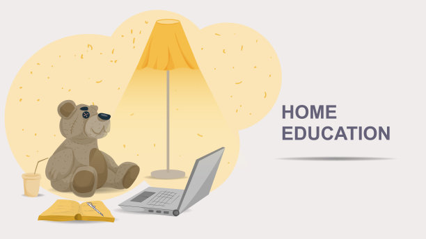 涂鸦风格的泰迪熊坐在笔记本电脑旁边的平面彩色插图图片下载