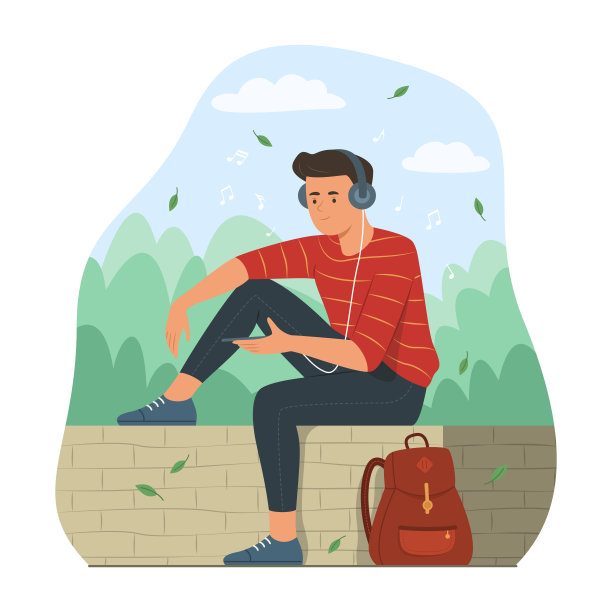 背包客坐在公园里用智能手机听音乐图片下载
