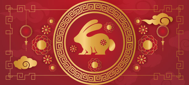 2023快乐春节贺卡设计，兔子生肖，挂剪纸灯笼，圆形框架，云和花装饰在红色背景图片下载