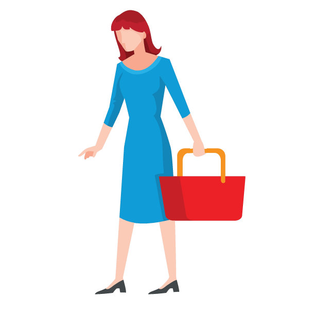 一个穿着蓝色裙子的女人，手里拿着一个空的红色杂货篮，白色背景上的孤立物体，矢量插图，图片下载