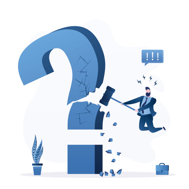 商人在跳楼时用锤子砸大问号。解决问题，头脑风暴。寻找新的想法。想象力,创造力。男性员工克服障碍。知道投手。图片下载