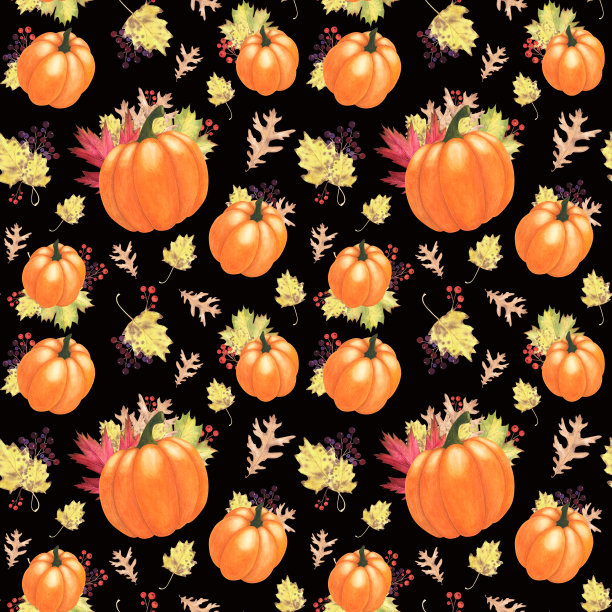 秋叶和南瓜花纹无缝隔离，就暗了下来。水彩手绘插图。设计艺术图片下载
