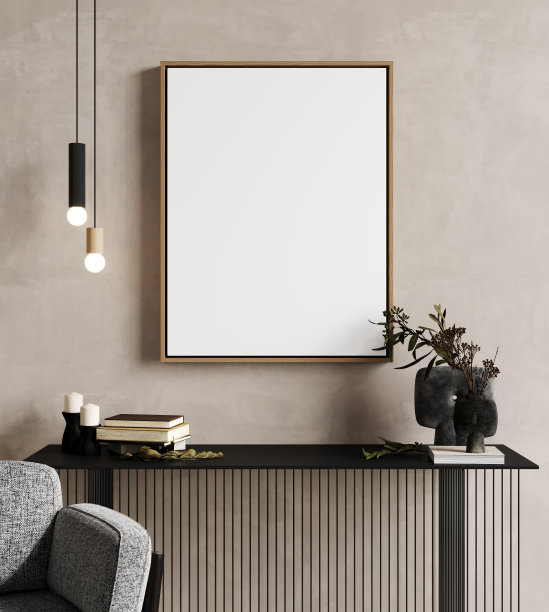 框架模型在家庭内部装饰，客厅米色暖色与黑色控制台，3d渲染图片下载