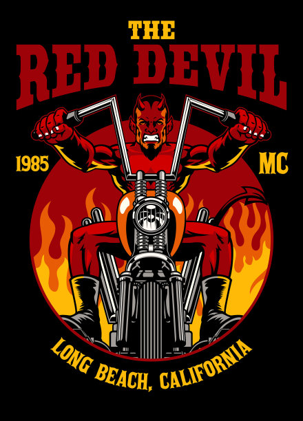 复古t恤设计的红色魔鬼骑直升机摩托车图片下载