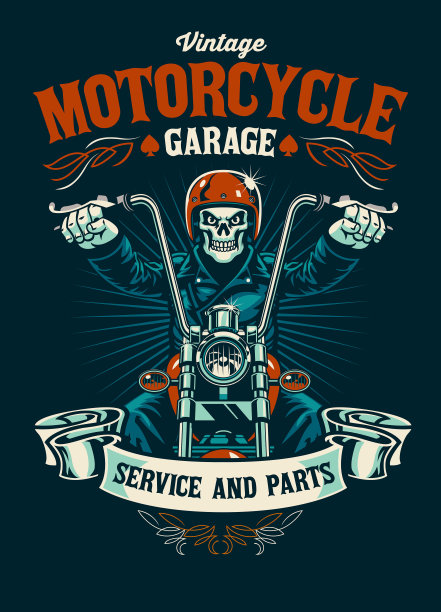 复古t恤设计的摩托车车库与骷髅摩托车吉祥物图片下载