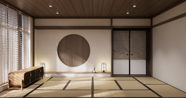 橱柜木制日式设计，客厅无印良品风格的空墙背景。图片下载