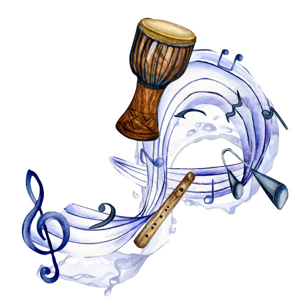 高音谱号，音符和djembe水彩插图在白色。图片下载