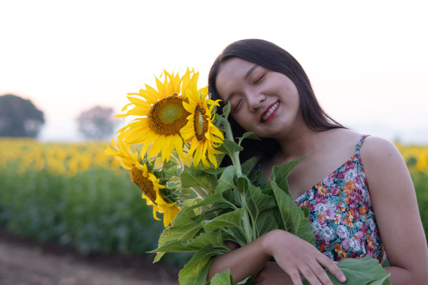 近距离照片美丽的年轻女孩与向日葵在花坛在早上。图片下载