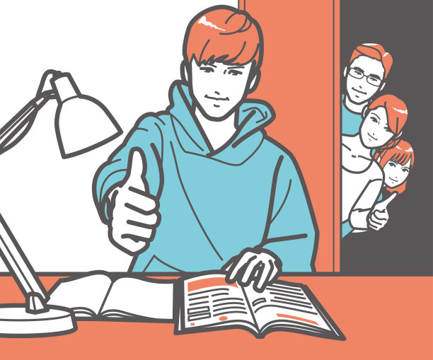 一个家庭看着一个男孩学习，这对他很好，还有一个母亲在思考。图片下载