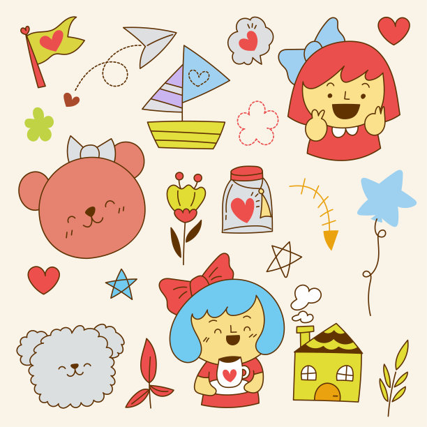 一套大孤立的手绘涂鸦装饰儿童概念，彩色平面矢量插图图片下载