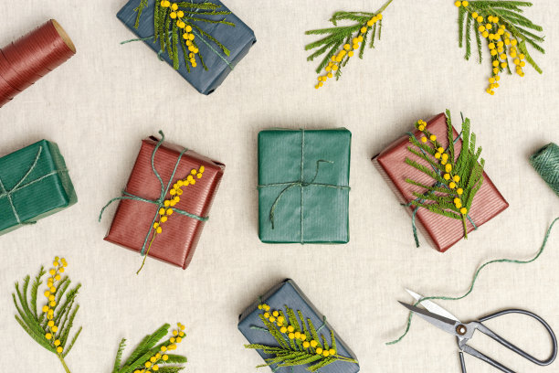 彩色礼盒在工艺纸装饰天然含羞草花桌上米色桌布。俯视图图案与春季假期礼物包装，温馨的diy礼物，亲密的朋友，平铺图片下载