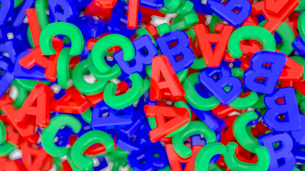 字母在简单的背景。白色背景的塑料字母。彩虹的颜色。3 d演示。三维渲染图片下载