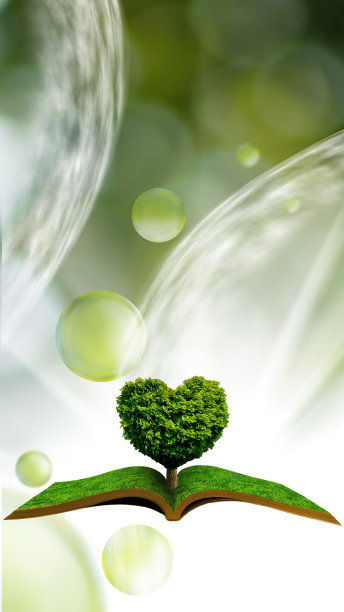 打开的书漂浮在空中，一棵从书中生长出来的树，树冠在抽象的绿色背景上有一个心形图片下载