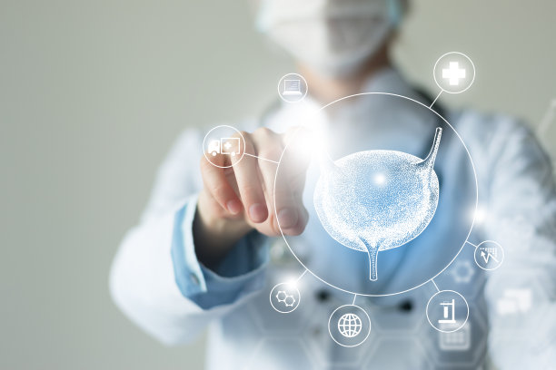 不明身份的女医生手持图形虚拟可视化膀胱器官模型在手中。多个虚拟医学图标。图片下载