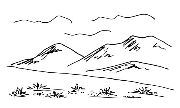 简单的黑色轮廓矢量绘图。沙漠地区，山地景观，干草灌木。野生自然。草图在墨水。图片下载