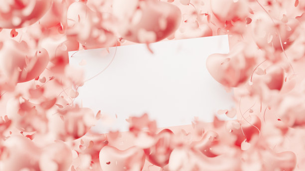 情人节庆祝活动。边界与飞行的心形气球和闪闪发光的五彩纸屑在粉红色的背景。三维渲染图片下载