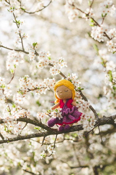 一个手工钩针娃娃在樱花树的树枝垂直产品照片图片下载