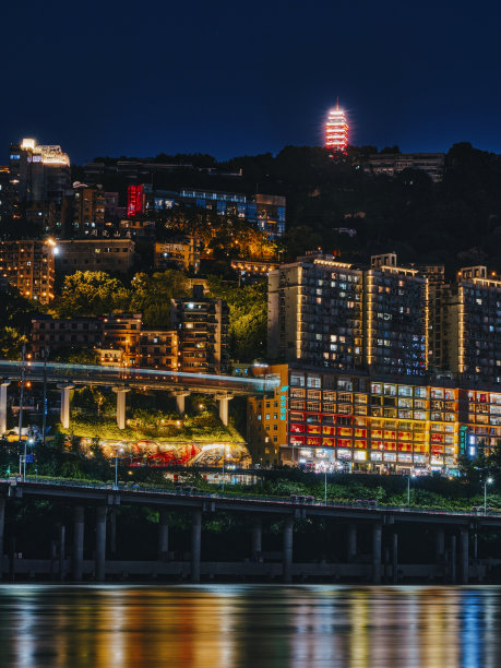 垂直拍摄的城市景观在河岸上的夜晚在重庆，中国图片下载