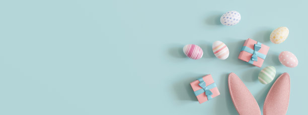 蓝色背景与复活节彩蛋，兔子耳朵，礼物和复制空间。复活节的背景。空白的广告文字。明信片、贺卡设计。复活节快乐，3D渲染。图片下载